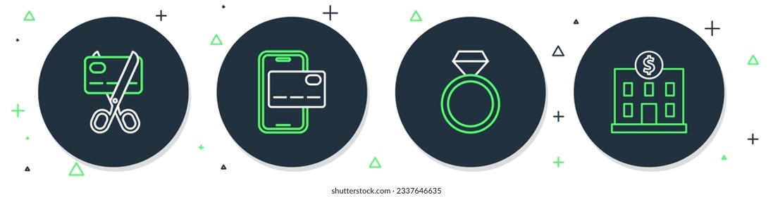 Set line Mobile Banking, Diamond Engagement Ring, Scheren schneiden Kreditkarte und Bank Building Symbol. Vektorgrafik