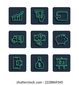 Línea Banca móvil, Bolsa de dinero, Cartón con diagrama, Cartera, Pilas de papel dinero en efectivo, Camión blindado, Camión de crecimiento financiero e icono de Cerdo. Vector