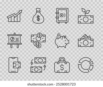 Set line Mobile Banking, Tortendiagramm Infografik, Safe, Geldwechsel, Finanzwachstum, Stacks Papiergeld Bargeld, Aktenkoffer und und Symbol. Vektorgrafik