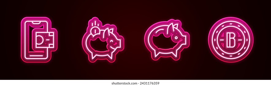 Banca móvil, Piggy con moneda y Bitcoin. Icono de neón brillante. Vector