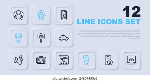 Set line Mobile banking, Taxi mobile app, Road sign for taxi stand, driver, client, license, Location car and call telephone service icon. Vector