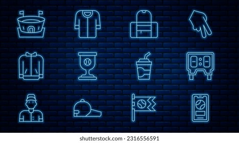 Línea Móvil con bola de béisbol, marcador mecánico de béisbol, bolsa deportiva, copa de premio, camiseta, arena, agua de vidrio de papel e icono. Vector