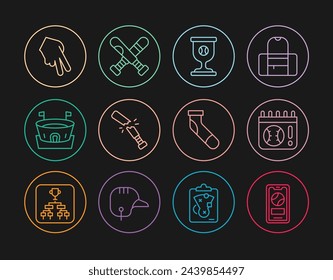 Set line Mobile with baseball ball, Calendar game, Award cup, Broken bat, Baseball arena, glove, sock and Crossed icon. Vector