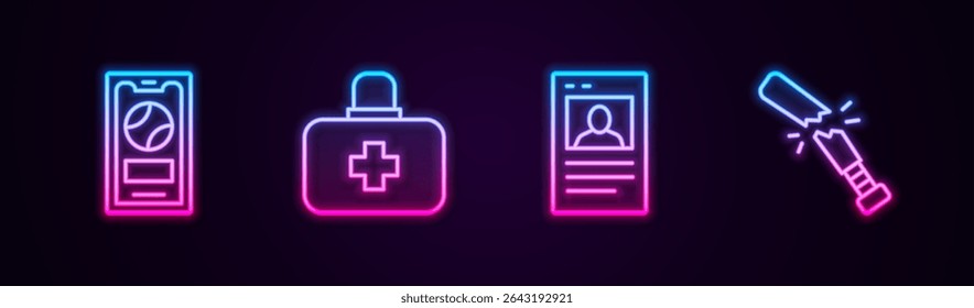 Set line Mobile with baseball ball, First aid kit, Baseball card and Broken bat. Glowing neon icon. Vector