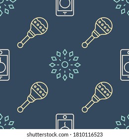 Set line Mobile with birthday message, Maracas and Firework on seamless pattern. Vector