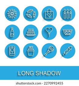 Set line Mobile with birthday message, Cake, Firework, Maracas, rocket, burning candles, Mixed punch bowl and Balloon form of heart icon. Vector