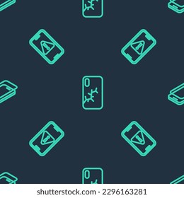 Set line Mobile with broken screen, exclamation mark and Glass protector on seamless pattern. Vector