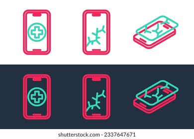 Set line Mobile with broken screen, Phone repair service and  icon. Vector