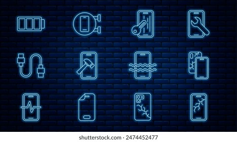 Teléfono móvil con pantalla rota, protector de vidrio, cable USB, batería, teléfono impermeable y servicio de reparación de teléfono icono. Vector