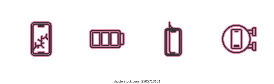 Set line Mobile with broken screen, Glass protector, Battery and Phone repair service icon. Vector