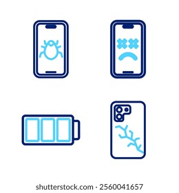 Set line Mobile with broken screen, Battery, Dead mobile and System bug on icon. Vector