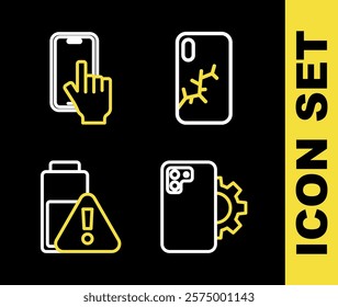 Set line Mobile with broken screen, Phone repair service, Smartphone battery charge and  icon. Vector