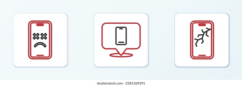 Set line Mobile with broken screen, Dead mobile and Phone repair service icon. Vector