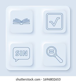 Set line Mobile calculator interface, Open book, Human brain and Paper clip. White square button. Vector