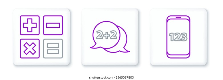 Set line Mobile calculator interface, Calculator and Equation solution icon. Vector