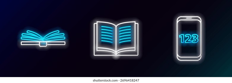 Set line Mobile calculator interface, Open book and  icon. Glowing neon. Vector