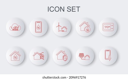 Set line Mobile charging battery, House humidity, with wind turbine, solar panel, Internet of things, Humidity for smart home, Smart and under protection icon. Vector