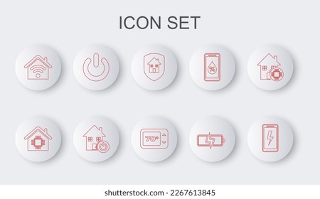 Set line Mobile charging battery, Smart home, House under protection, Battery, with wi-fi, Power button,  and Thermostat icon. Vector