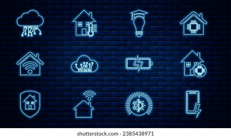 Fijar línea Batería de carga móvil, hogar inteligente, lámpara y tapón de graduación, Internet de cosas, con wi-fi, Batería e ícono de temperatura de la casa. Vector
