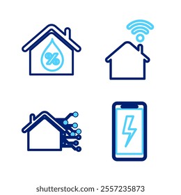 Set line Mobile charging battery, Smart home, with wi-fi and House humidity icon. Vector