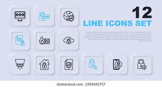 Set line Mobile with closed padlock, Shield security, Firewall, wall, Lock, Document and, House under protection, Cyber and Contract shield icon. Vector
