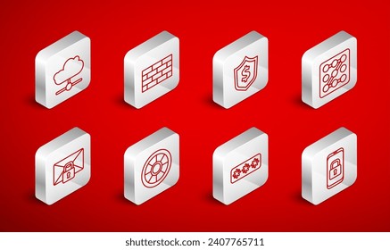 Set line Mobile with closed padlock, Firewall, security wall, Shield dollar, Graphic password protection, Password, Network cloud connection, Safe and Mail message icon. Vector