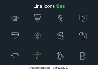 Set line Mobile with closed padlock, Cancelled fingerprint, Umbrella, Security camera, Open, House under protection, Lock and Password icon. Vector