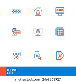 Set line Mobile mit geschlossenem Vorhängeschloss, Schloss, Passwort-Schutz, Grafik-Passwort, Cyber-Sicherheit, Monitor und House unter Symbol. Vektorgrafik