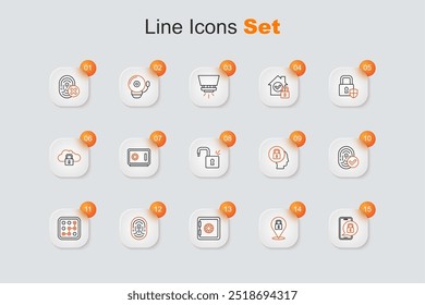 Fije la línea móvil con el candado cerrado, la cerradura, la caja fuerte, la huella dactilar, la protección gráfica de la Contraseña, y el icono abierto. Vector