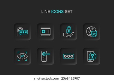 Set line Mobile with closed padlock, Password protection, Fingerprint door, Eye scan, Shield world globe, Lock, Safe and Cyber security icon. Vector