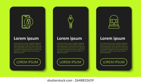 Fije la línea móvil con el candado cerrado, la llave y la campana de alarma que suena. Plantilla de infografía de negocios. Vector