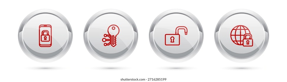 Establecer línea móvil con candado cerrado, clave de criptomoneda, bloqueo abierto y global. Botón de círculo plateado. Vector