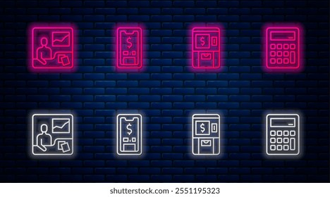 Set line Mobile with dollar, ATM and money, Trading courses and Calculator. Glowing neon icon on brick wall. Vector
