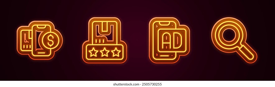 Set line Mobile with dollar, Consumer product rating, Advertising and Magnifying glass. Glowing neon icon. Vector