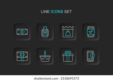 Set line Mobile com dólar, caixa de presente, cesta de compras, pilhas papel dinheiro dinheiro dinheiro, compras, dia, terminal de PDV e ícone. Vetor