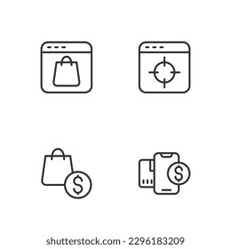 Set line Mobile with dollar, shopping bag and, Online on screen and Target financial goal icon. Vector