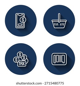 Set line Mobile with dollar, Shopping basket, Tax payment and Barcode with long shadow. Blue circle button. Vector