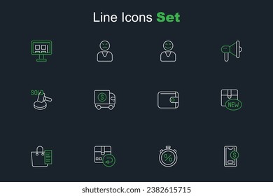 Set line Mobile with dollar, Stopwatch percent discount, Return cardboard box, Shopping list, New collection, Wallet, Armored truck and Auction hammer icon. Vector
