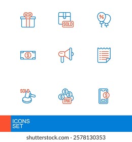 Set line Mobile with dollar, Tax payment, Auction hammer, Wish list template, Stacks paper money cash, Megaphone, Discount percent tag and Sold icon. Vector