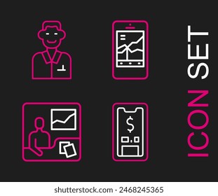 Set line Mobile with dollar, Trading courses, stock trading and Trader icon. Vector
