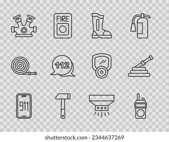 Set line Mobile emergency call 911, Walkie talkie, Fire boots, Hammer, hydrant, Emergency, sprinkler system and hose reel icon. Vector