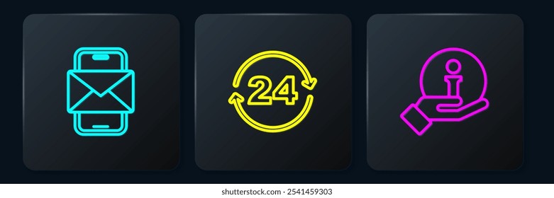 Set line Mobile and envelope, Information and Telephone 24 hours support. Black square button. Vector