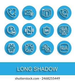 Set line Mobile and envelope, Lifebuoy, Telephone 24 hours support, Question Answer,  and  icon. Vector