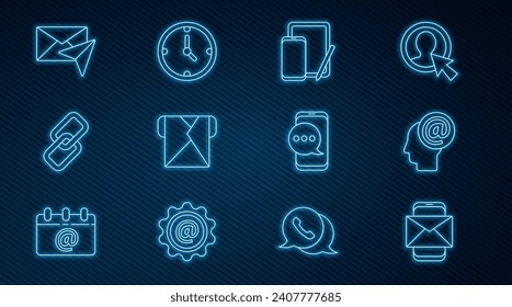 Set line Mobile and envelope, Mail e-mail, Phone graphic tablet, Envelope, Chain link, Chat messages notification phone and Clock icon. Vector