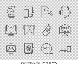 Set line Mobile and envelope, Monitor phone, Document cursor, Mail e-mail, Chat messages notification, Envelope, Speech bubble chat and monitor icon. Vector