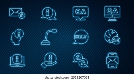 Móvil y sobre, Teléfono 24 horas de Asistencia, Respuesta a preguntas, Micrófono, Información, Nuevo, correo electrónico de mensaje entrante, Burbuja de voz con texto Ayuda e ícono. Vector