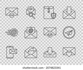 Set line Mobile and envelope, Envelope with Valentine heart, shield, Outgoing mail, Delete, Mail e-mail, Download inbox and Paper plane icon. Vector