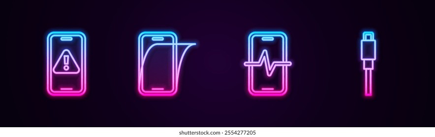 Set line Mobile with exclamation mark, Glass screen protector, Phone repair service and USB cable cord. Glowing neon icon. Vector