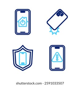 Set line Mobile with exclamation mark, shield, Shockproof phone and smart home icon. Vector