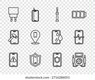 Set line Mobile mit Ausrufezeichen, Multimeter, Schraubendreher, Schild, Ladegerät, Telefon Reparatur-Service und Symbol. Vektorgrafik